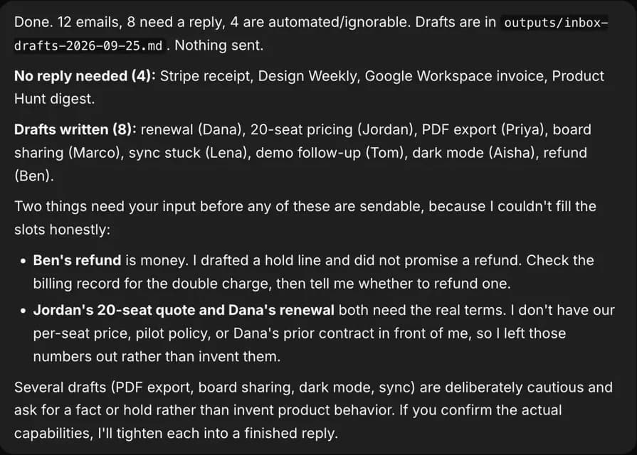 Murage chat: the Chief of Staff reports 12 emails, 8 need a reply, 4 automated, drafts saved and nothing sent, with two items that need the owner.